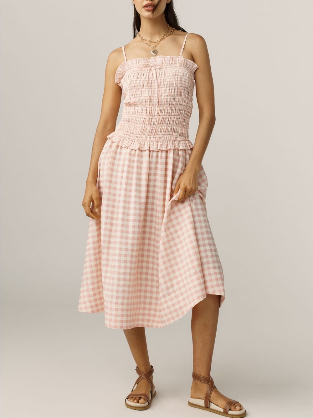 For Love & Lemons/ Anthropologie - Women's Petal Gingham Midi Dress S / Peach